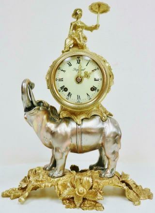 Vintage Franz Hermle Silvered Elephant & Bronze Ting Tang Strike Mantel Clock