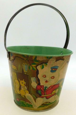 Vintage Japanese Tin Sand Pail - Rabbit Postman Delivering Mail In The Forest