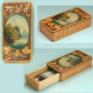 Antique Hand Painted Wooden Sliding Needle Case Swiss Circa 1900