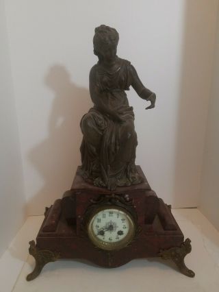 Antique Vintage Marble Base Bronze Lady Statue Shelf Mantel Clock 21 " Tall
