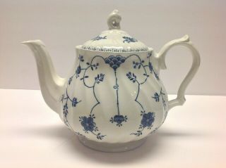 Churchill Finlandia Teapot & Lid Scalloped Swirl Rim Blue & White