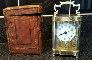 Antique French Serpentine Carriage Clock,  Brass Filigree Dial Friezes Plus Case