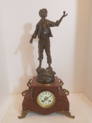 Antique Marble Bronze Signed Statue Mantel Clock Par Rousseau Sculpt 22 " Tall
