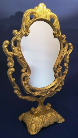 Vintage Brass Vanity Table Mirror Hollywood Regency Tilt Ornate Gold Victorian