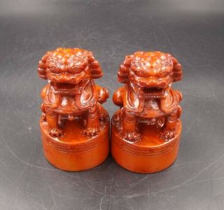 A Pair Collectible Handmade Carved Statue Lion Jade Seal Shoushan Stone