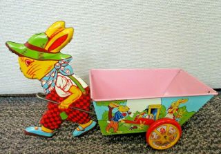 Vintage J.  Chein Tin Litho Rabbit And Cart Toy