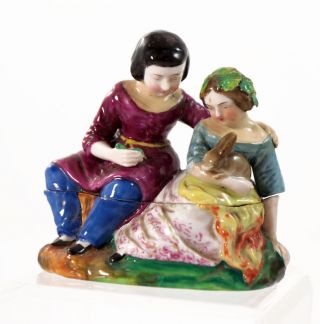 Victorian Porcelain Fairing Cosmetic Box,  Children With Rabbit,  19th C.  [f114]