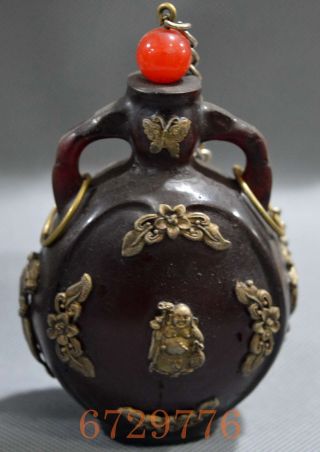 Rare Collectable Handwork Old Miao Silver Inlay Amber Carve Buddha Snuff Bottles