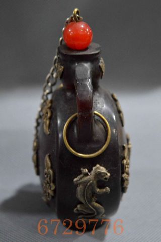 Rare Collectable Handwork Old Miao SIlver Inlay Amber Carve Buddha Snuff Bottles 3