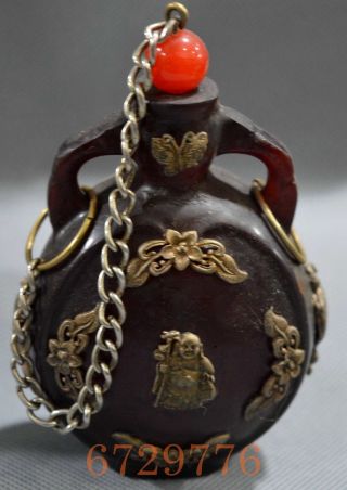 Rare Collectable Handwork Old Miao SIlver Inlay Amber Carve Buddha Snuff Bottles 4