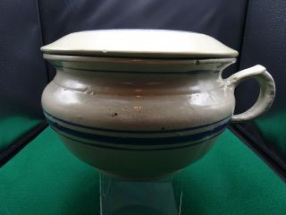 Vintage Blue Striped Stoneware Chamber Pot W/ Lid