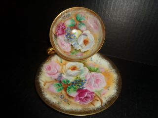 Rare Takiro Hand Painted Shell Porcelain Tea Cup & Saucer " Roses " Japan