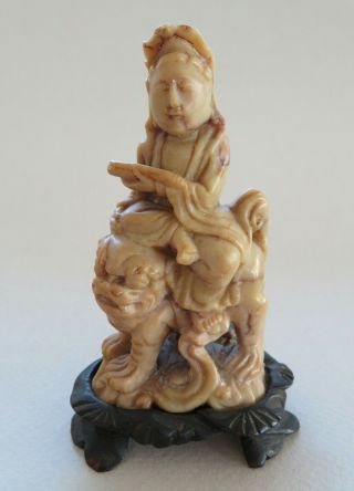 Fine Small Antique Chinese Soapstone Guanyin On A Foo Dog Qing - - - - -