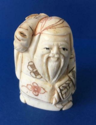 Netsuke Bovine Bone Hand Carved Man With A Giant Fish Well Decorated Uk Seller