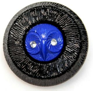 Fabulous Antique Vtg Button Blue Glass Owl W Paste Eyes In Black Glass 1&1/16 K
