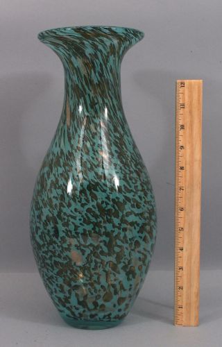 Lrg Mid - Century Vintage Hand Blown Murano Art Glass Vase,  Blue Green & Goldstone