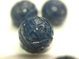 One Vintage Antique Carved Chinese Bead Blue Lapis Lazuli Stone Shou 15mm Round
