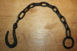 Antique Wrought Iron Hook On Length Of Old Chain Iron Ring 23 1/2 Inches