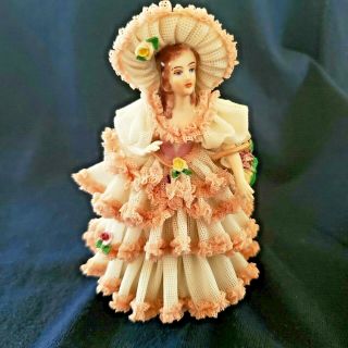 Antique Dresden Porcelain Lace Figurine Lady With Flower Basket 6 Inches Tall