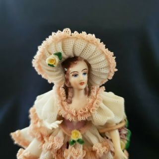 Antique Dresden Porcelain Lace Figurine Lady With Flower Basket 6 Inches Tall 2