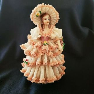 Antique Dresden Porcelain Lace Figurine Lady With Flower Basket 6 Inches Tall 7