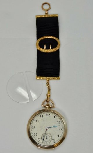 Antique Swiss Made 9k Gold Pocket Watch W/ Grosgrain Ribbon Fob (heyw3)