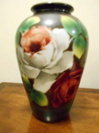 Antique Victorian Hand Painted Roses Floral Milk Glass Bristol Vase.