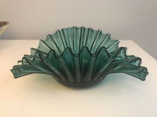 Antique Green American Blown Glass Bowl Zig Zag Folded Rim Sharp Pontil 19thc