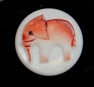 Antique Vintage Button Brick Red Elephant Hand Painted White Glass A8