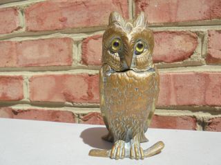 Old Antique Bronze Figural Owl Inkwell W Glass Eyes English Registry Mark 1880s