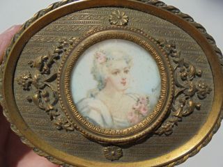 Antique 19th C French Bronze Lady Portrait Oval Jewelry Trinket Box Artist Sgnd 3
