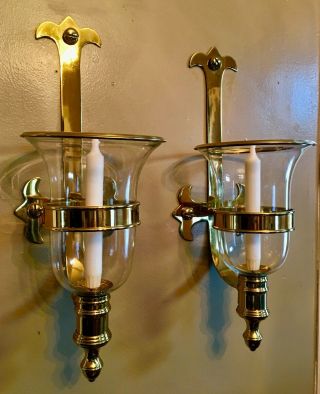 Pair Vintage Brass Metal Lacquer Finish Wall Candle Sconce Chimney Glass Shade