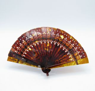 Antique Hand Carved Faux Tortoise Shell Hand Brise Fan Europe,  Nr