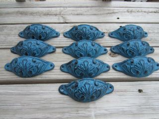 Cast Iron Rustic Victorian Bin Pull Shabby Chic Blue / Turquoise Set Of 10