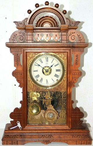 Antique Seth Thomas Carved Walnut 2 Ft.  Tall Eclipse Parlor Clock W/ Bread Alarm