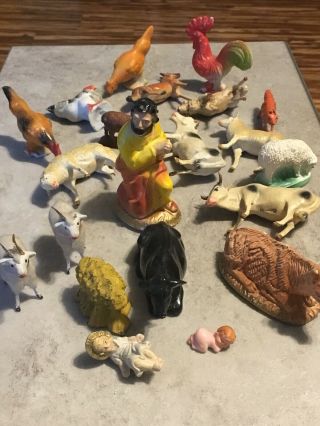 Rare Vintage German Putz Wood & Japan Ceramic Animal Nativity Scene W Baby Jesus