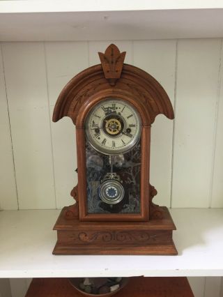 Oak Waterbury Kitchen Or Gingerbread Antique Clock,  Movement Has Been Restored