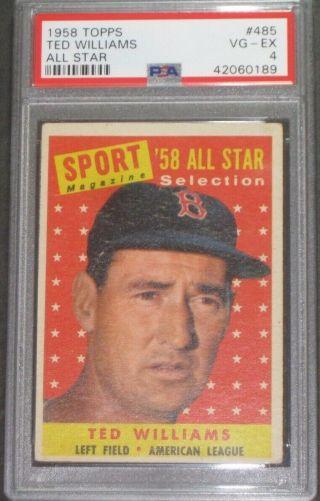 1958 Topps Ted Williams Baseball Card 485 Psa 4 Vg - Ex Boston Red Sox Vintage