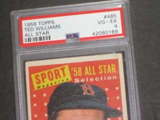 1958 Topps TED WILLIAMS Baseball Card 485 PSA 4 VG - EX Boston Red Sox Vintage 2
