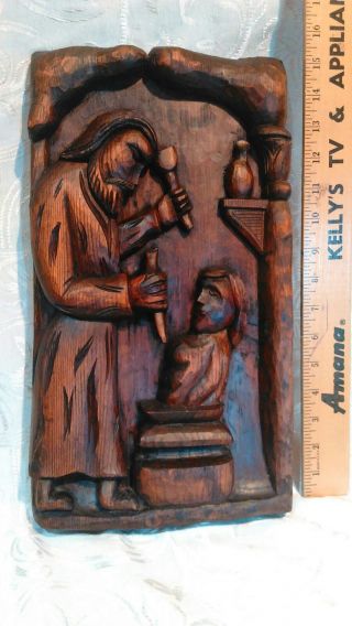 Oberammergau 15 " German Wall Wood Carving Plaque " Artist Sculpting Woman " Vintage