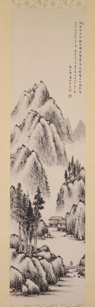 Japanese Hanging Scroll Art Painting Sansui Landscape Asian Antique E7853