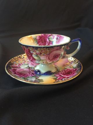 Japan Iec Co Gold Beaded Moriage Teacup & Saucer Hand Painted Roses