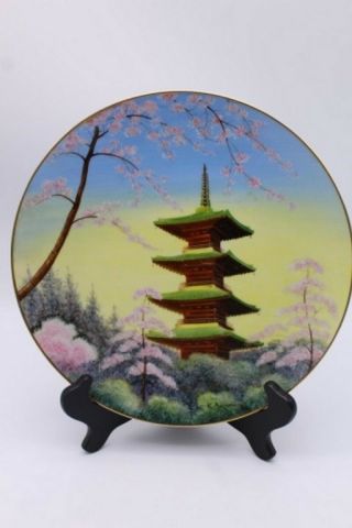 Vintage Hand Painted Japanese Plate K Satoru Pagoda Cherry Blossoms Colorful