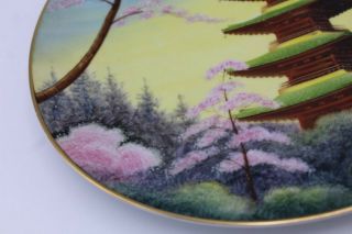 Vintage Hand Painted Japanese Plate K Satoru Pagoda Cherry Blossoms Colorful 5