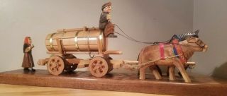 Vintage German Carved Wood Beer Water Wagon Drawn By Horse & Ox With Man & Woman