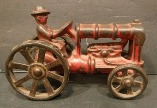 Antique Vintage Cast Iron Fordson Tractor With Driver Red Paint & Tires
