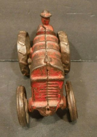 Antique Vintage Cast Iron Fordson Tractor With Driver Red Paint & Tires 2