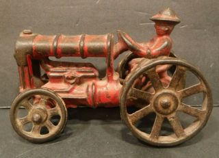 Antique Vintage Cast Iron Fordson Tractor With Driver Red Paint & Tires 3