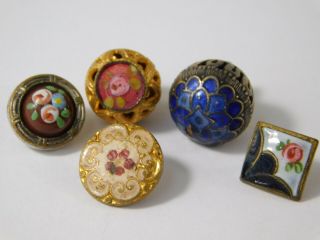 Atq 5 Victorian French Champleve Floral Enamel Dome Brass Picture Button 3/8 "