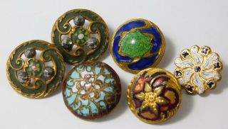 Atq 6 Victorian French Champleve Floral Enamel Steel Cut Picture Button 1/2 "